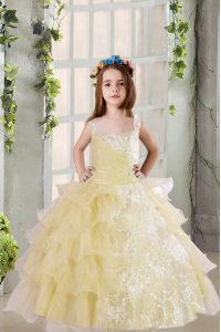 Inexpensive Lace and Ruffled Layers Pageant Gowns For Girls Light Yellow Lace Up Sleeveless Floor Length