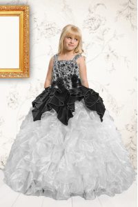 Dazzling Silver Ball Gowns Straps Sleeveless Organza Floor Length Lace Up Beading and Pick Ups Kids Pageant Dress