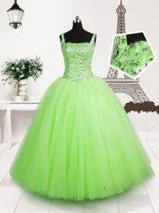 Super Apple Green Lace Up Straps Beading and Sequins Kids Formal Wear Tulle Sleeveless
