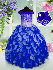 Superior Off the Shoulder Sleeveless Floor Length Beading and Hand Made Flower Lace Up Little Girls Pageant Dress Wholes