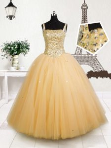 New Arrival Beading and Sequins Girls Pageant Dresses Orange Lace Up Sleeveless Floor Length
