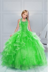 Halter Top Floor Length Ball Gowns Sleeveless Green Little Girls Pageant Gowns Lace Up