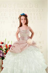 Trendy Ruffled Ball Gowns Kids Formal Wear Peach Straps Organza Sleeveless Floor Length Lace Up