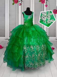 Ruffled Green Sleeveless Organza Lace Up Pageant Dress Womens for Party and Wedding Party