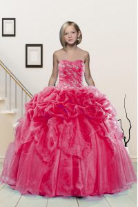 Hot Pink Organza Lace Up Sweetheart Sleeveless Floor Length Little Girl Pageant Gowns Beading and Pick Ups