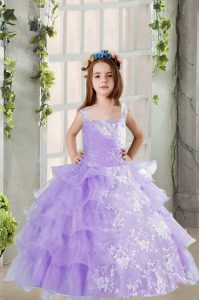 Lavender Little Girl Pageant Dress Military Ball and Sweet 16 and Quinceanera and For with Beading and Ruffled Layers Sq