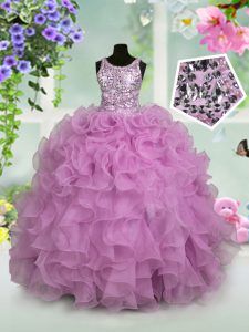 Scoop Lilac Sleeveless Ruffles and Sequins Floor Length Little Girls Pageant Dress