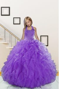 Halter Top Lavender Ball Gowns Beading and Ruffles Pageant Dress for Womens Lace Up Organza Sleeveless Floor Length