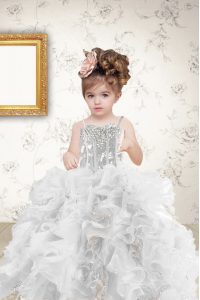 Sequins Floor Length Grey Child Pageant Dress Spaghetti Straps Sleeveless Lace Up