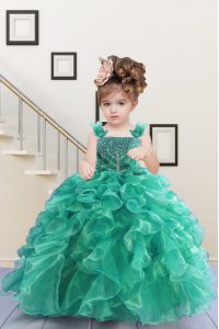Fashion Turquoise Ball Gowns Beading and Ruffles Little Girls Pageant Dress Lace Up Organza Sleeveless Floor Length