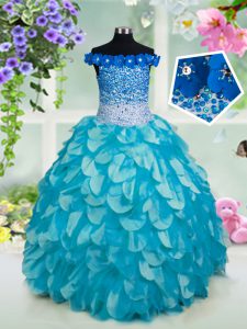Glorious Turquoise Lace Up Off The Shoulder Beading and Sashes ribbons and Sequins Little Girls Pageant Dress Wholesale 