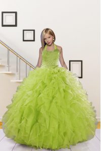 Adorable Halter Top Sleeveless Organza Floor Length Lace Up Pageant Gowns in Olive Green with Beading and Ruffles