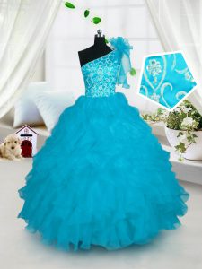 One Shoulder Sleeveless Organza Little Girls Pageant Dress Embroidery and Ruffles Lace Up