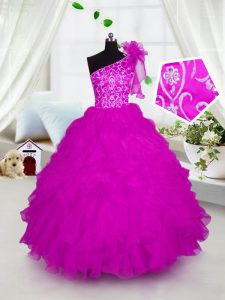 High Quality One Shoulder Floor Length Ball Gowns Short Sleeves Hot Pink Little Girls Pageant Dress Wholesale Lace Up
