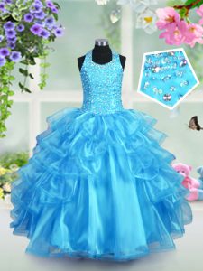 Low Price Aqua Blue Lace Up Halter Top Beading and Ruffled Layers Kids Pageant Dress Organza Sleeveless
