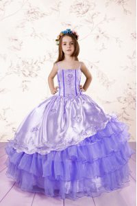 Beauteous Spaghetti Straps Sleeveless Little Girls Pageant Gowns Floor Length Embroidery and Ruffled Layers Lavender Org