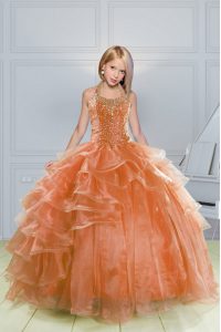 Most Popular Halter Top Orange Ball Gowns Beading and Ruffles Little Girl Pageant Gowns Lace Up Organza Sleeveless Floor