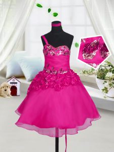 Knee Length Lace Up Flower Girl Dress Fuchsia for Party and Wedding Party with Beading and Hand Made Flower