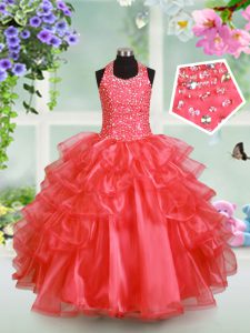 Customized Ruffled Floor Length Watermelon Red Kids Formal Wear Halter Top Sleeveless Lace Up