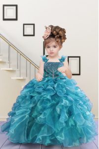 Floor Length Lace Up Child Pageant Dress Turquoise for Party and Wedding Party with Beading and Ruffles