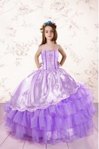 Lavender Glitz Pageant Dress Party and Wedding Party and For with Embroidery and Ruffled Layers Spaghetti Straps Sleevel