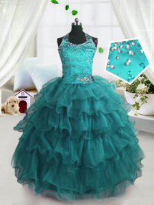 Floor Length Turquoise Little Girls Pageant Dress Wholesale Organza Sleeveless Beading and Ruffled Layers