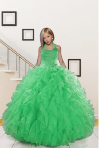 Halter Top Floor Length Green Little Girls Pageant Dress Organza Sleeveless Beading and Ruffles