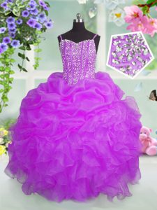 Fancy Organza Sleeveless Floor Length Little Girls Pageant Dress and Beading and Ruffles and Pick Ups