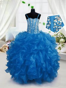 High Class Blue Organza Lace Up Girls Pageant Dresses Sleeveless Floor Length Beading and Ruffles