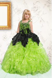Apple Green Ball Gowns Straps Sleeveless Organza Floor Length Lace Up Beading and Pick Ups Girls Pageant Dresses
