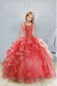 Halter Top Floor Length Red Pageant Gowns For Girls Organza Sleeveless Beading and Ruffles