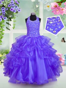 Lovely Halter Top Blue Sleeveless Beading and Ruffled Layers Lace Up Little Girls Pageant Dress Wholesale