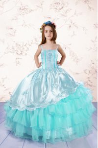 Dazzling Turquoise Little Girls Pageant Dress Wholesale Party and Wedding Party and For with Embroidery and Ruffled Laye