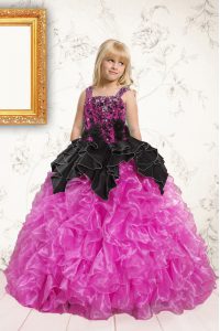 Black and Hot Pink Ball Gowns Organza Straps Sleeveless Beading and Ruffles Floor Length Lace Up Glitz Pageant Dress