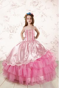 Ruffled Floor Length Ball Gowns Sleeveless Rose Pink Little Girls Pageant Gowns Lace Up