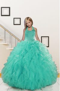 Custom Fit Halter Top Sleeveless Floor Length Beading and Ruffles Lace Up Little Girls Pageant Gowns with Turquoise