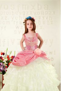 Customized Ruffled Ball Gowns Little Girl Pageant Gowns Pink Straps Organza Sleeveless Floor Length Lace Up