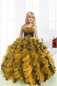 Sleeveless Organza Floor Length Lace Up Kids Pageant Dress in Multi-color with Beading and Ruffles
