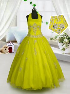 Lovely Halter Top Sleeveless Floor Length Appliques Lace Up Winning Pageant Gowns with Yellow