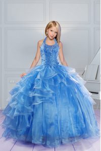 High Class Halter Top Baby Blue Sleeveless Floor Length Beading and Ruffles Lace Up Little Girl Pageant Gowns