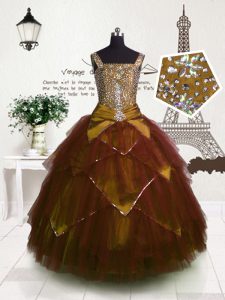 Tulle Straps Sleeveless Lace Up Beading and Belt Custom Made Pageant Dress in Brown