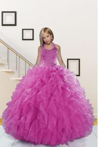 Halter Top Sleeveless Organza Winning Pageant Gowns Beading and Ruffles Lace Up