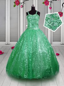 Green Ball Gowns Sequined Straps Sleeveless Sequins Floor Length Lace Up Pageant Gowns For Girls