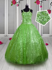 Apple Green Ball Gowns Sequined Straps Sleeveless Beading and Sequins Floor Length Lace Up Girls Pageant Dresses