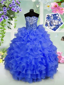 Fashionable Sleeveless Organza Floor Length Lace Up High School Pageant Dress in Royal Blue with Ruffled Layers and Sequ