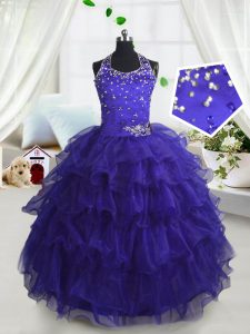 Scoop Floor Length Lace Up Girls Pageant Dresses Navy Blue for Party and Wedding Party with Beading and Ruffled Layers
