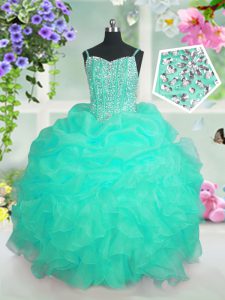 High End Floor Length Turquoise Pageant Dresses Organza Sleeveless Beading and Ruffles and Pick Ups