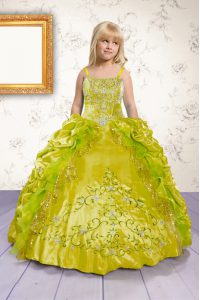 Satin Sleeveless Floor Length Custom Made Pageant Dress and Beading and Appliques and Pick Ups