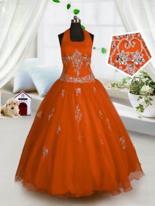 Latest Red Tulle Lace Up Halter Top Sleeveless Floor Length Girls Pageant Dresses Appliques