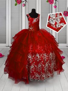 Great Sleeveless Floor Length Appliques and Ruffled Layers Lace Up Pageant Gowns with Red